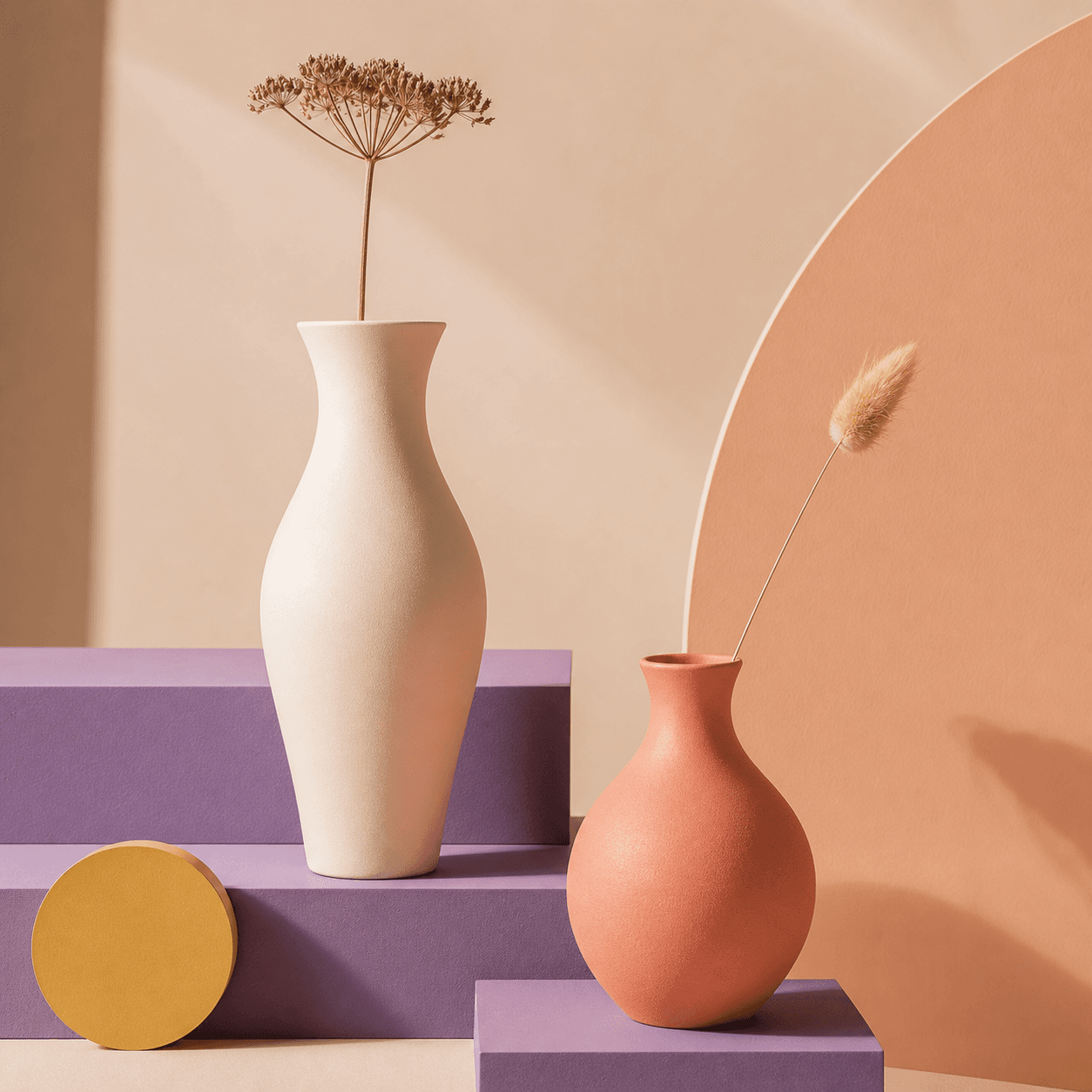 Dois vasos ilustrativos em creme e coral sobre bases violetas